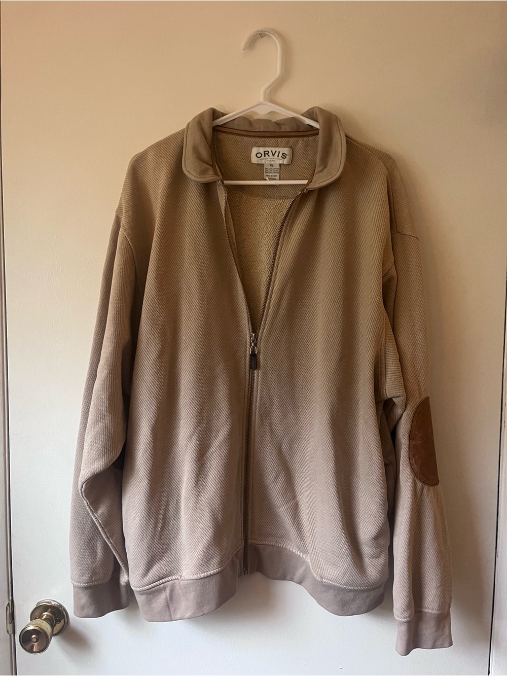 Orvis Men's Zip-Up Sweater Jacket in Tan with Leather Elbow Patches Size XL